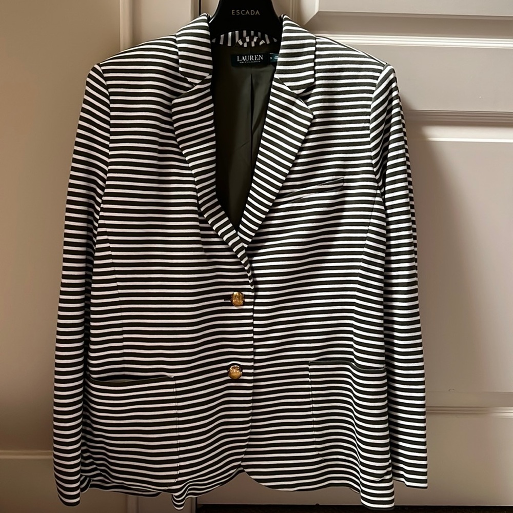 Lauren by Ralph Lauren olive & cream stripe pique blazer! 1X